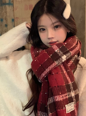 【蜜桃茶】初雪之夜 安可拉红色格纹围巾女冬季保暖针织新年围脖