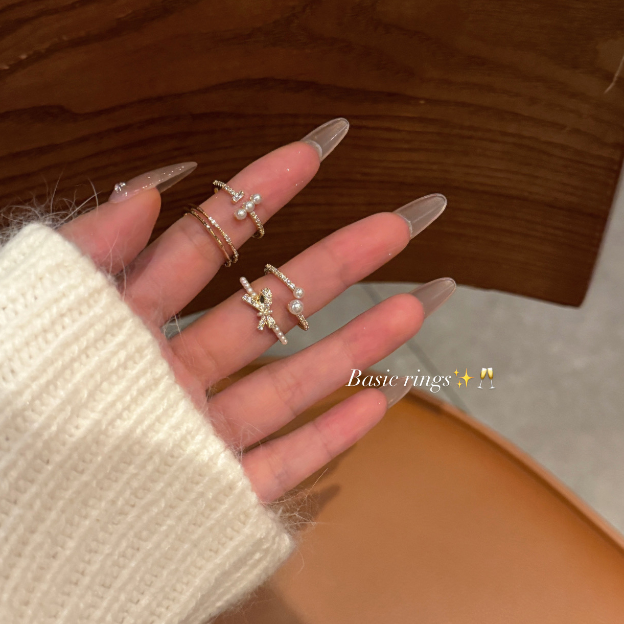 指间温柔~金色锆石珍珠细圈戒指