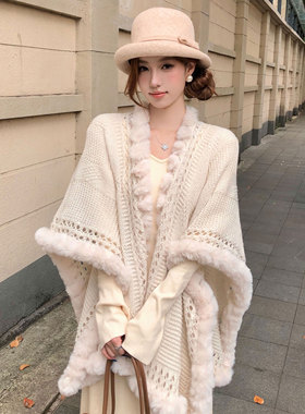 奶芙塔塔 秋冬慵懒白色保暖针织毛球披肩女外搭旅游毛衣外套斗篷