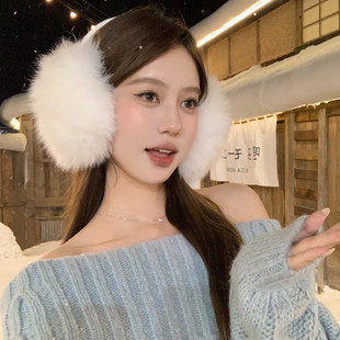 冬日的昭雪 高品质超大白色狐狸毛毛绒耳罩冬季防寒保暖耳捂耳套