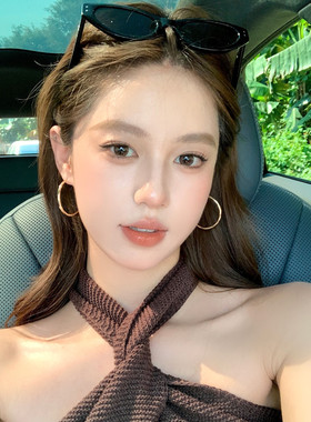 【蜜桃茶】时髦千金感 简约金色大圆圈耳环女高级感素圈耳夹耳饰