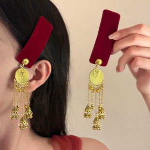 新中式 美学 中式 红色丝绒流苏发夹民族风侧边刘海夹子 蜜桃茶