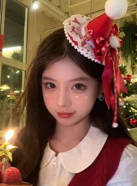 【蜜桃茶】节日baby~红色蝴蝶结小礼帽圣诞帽子发夹拍照穿搭头饰