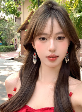 【蜜桃茶】热情版纳 波西米亚民族风红色金属羽毛流苏耳环配饰女