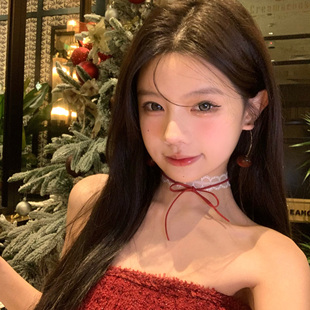 【蜜桃茶】纯欲天菜 新年红色蕾丝蝴蝶结choker颈带锁骨链配饰女