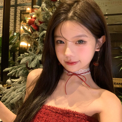 纯欲天菜红色蕾丝蝴蝶结choker