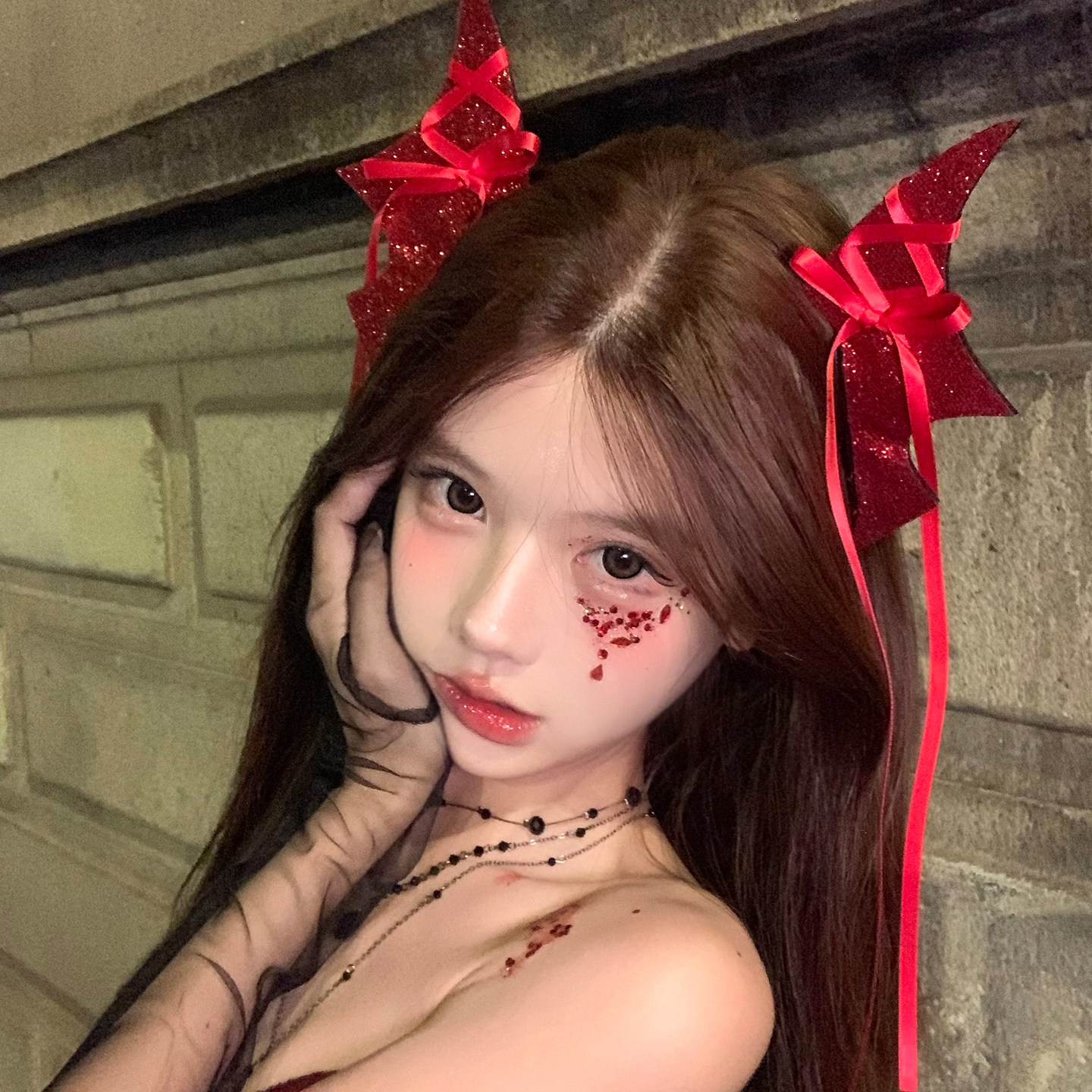 泣血魅魔 万圣节红色闪粉恶魔角发夹女蝴蝶结飘带cos装扮拍照头饰
