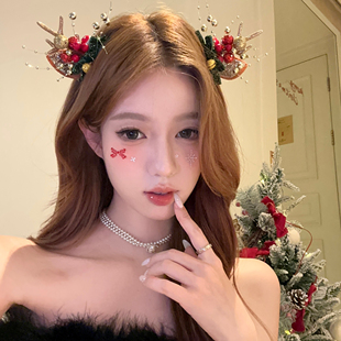 【蜜桃茶】圣诞糖霜 金色铃铛鹿角发夹头饰新款节日麋鹿装扮发饰