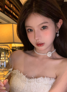 恋恋女主月光白玫瑰花珍珠颈链