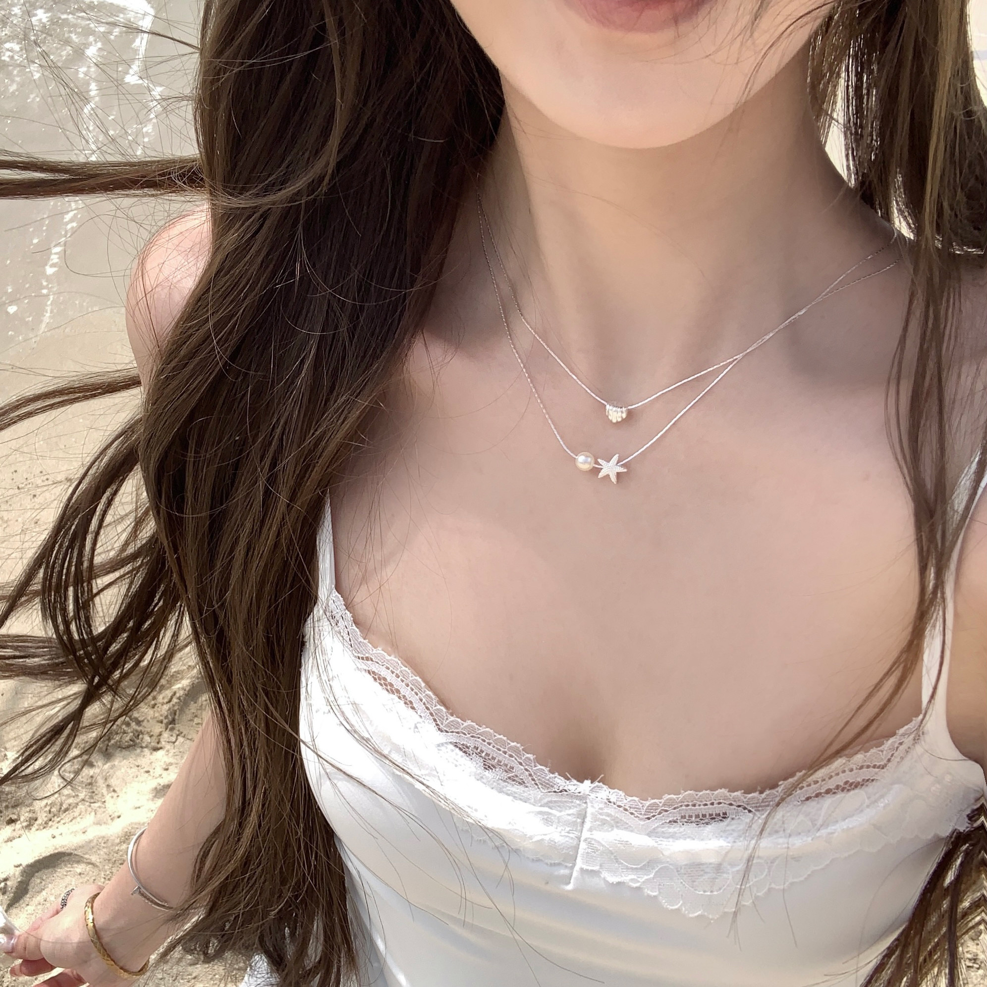 度假风海星珍珠贝壳双层项链女
