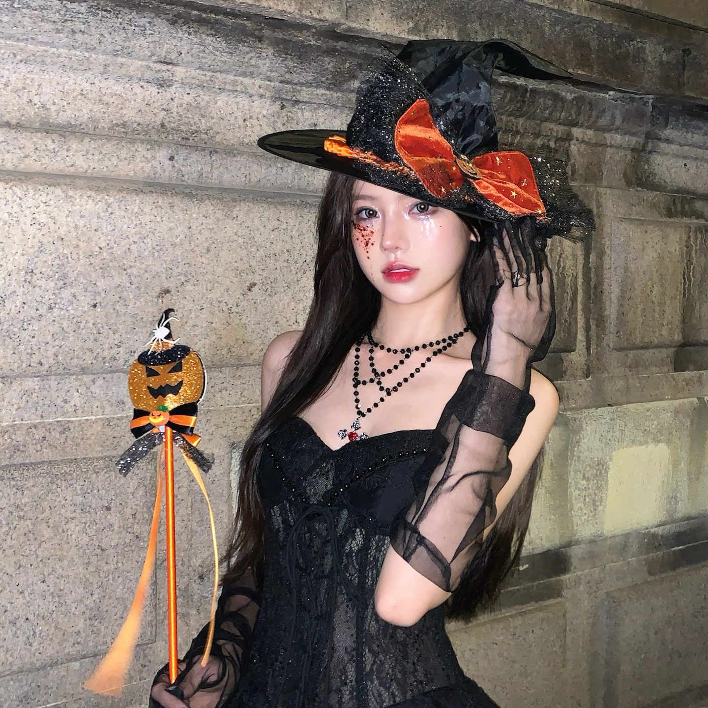 万圣节南瓜头蝴蝶结网纱女巫帽子