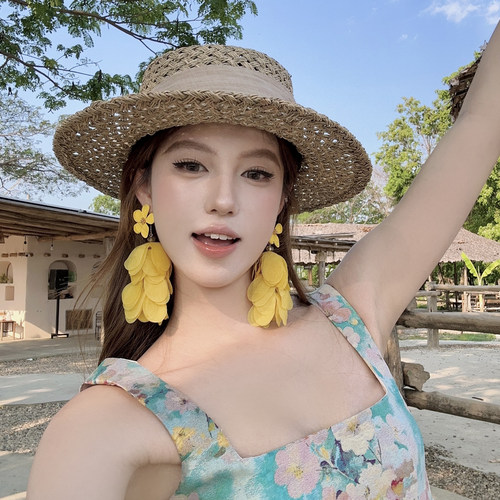 明媚女主显白黄色花朵流苏耳环