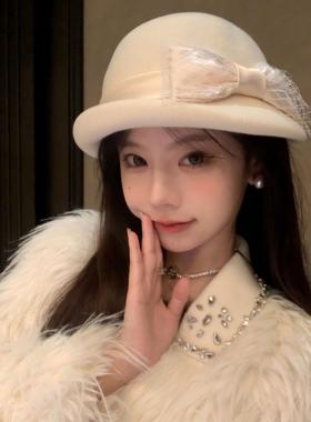 【蜜桃茶】贵贵千金感 蝴蝶结网纱礼帽女高端秋冬法式盆帽渔夫帽