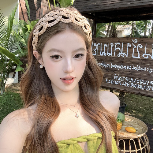 夏日度假风镂空编织麻花宽边发箍