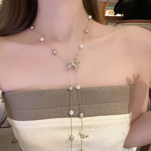 【蜜桃茶】浅钛金镂空蝴蝶结满天星珍珠项链长款高级感毛衣链配饰