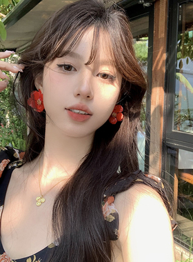 【蜜桃茶】虞美人海边度假风红色立体花朵耳环夸张气质耳饰女出游