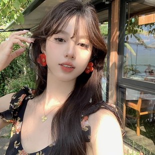 【蜜桃茶】虞美人海边度假风红色立体花朵耳环夸张气质耳饰女出游