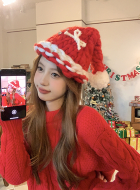 【蜜桃茶】圣诞限定~原创设计红色毛线蝴蝶结圣诞帽节日装扮头饰