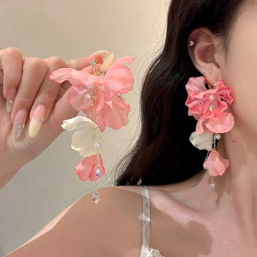 一眼沦陷~超仙粉色花朵流苏耳环