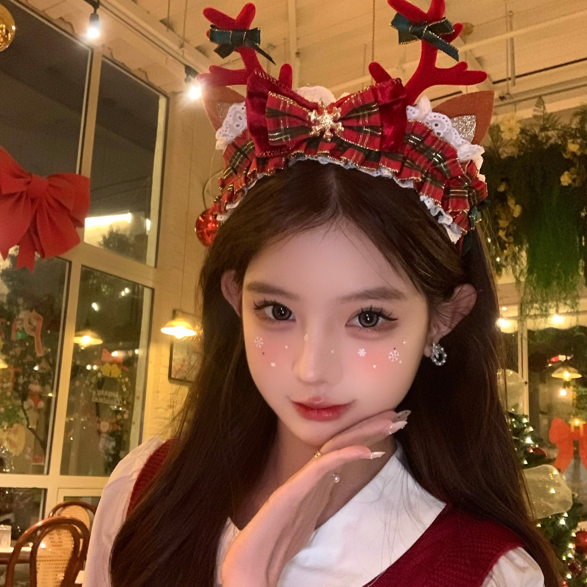 甜心少女圣诞红色蝴蝶结鹿角发箍