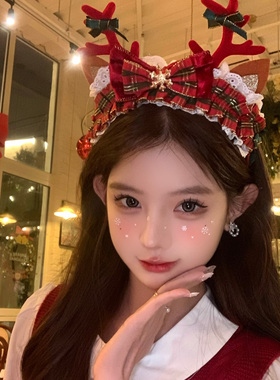 【蜜桃茶】甜心少女 圣诞节红色格纹蝴蝶结鹿角发箍拍照穿搭头饰