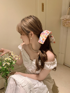 低马尾发带头绳扎头发皮筋发饰 彩色花朵飘带发圈女法式 蜜桃茶