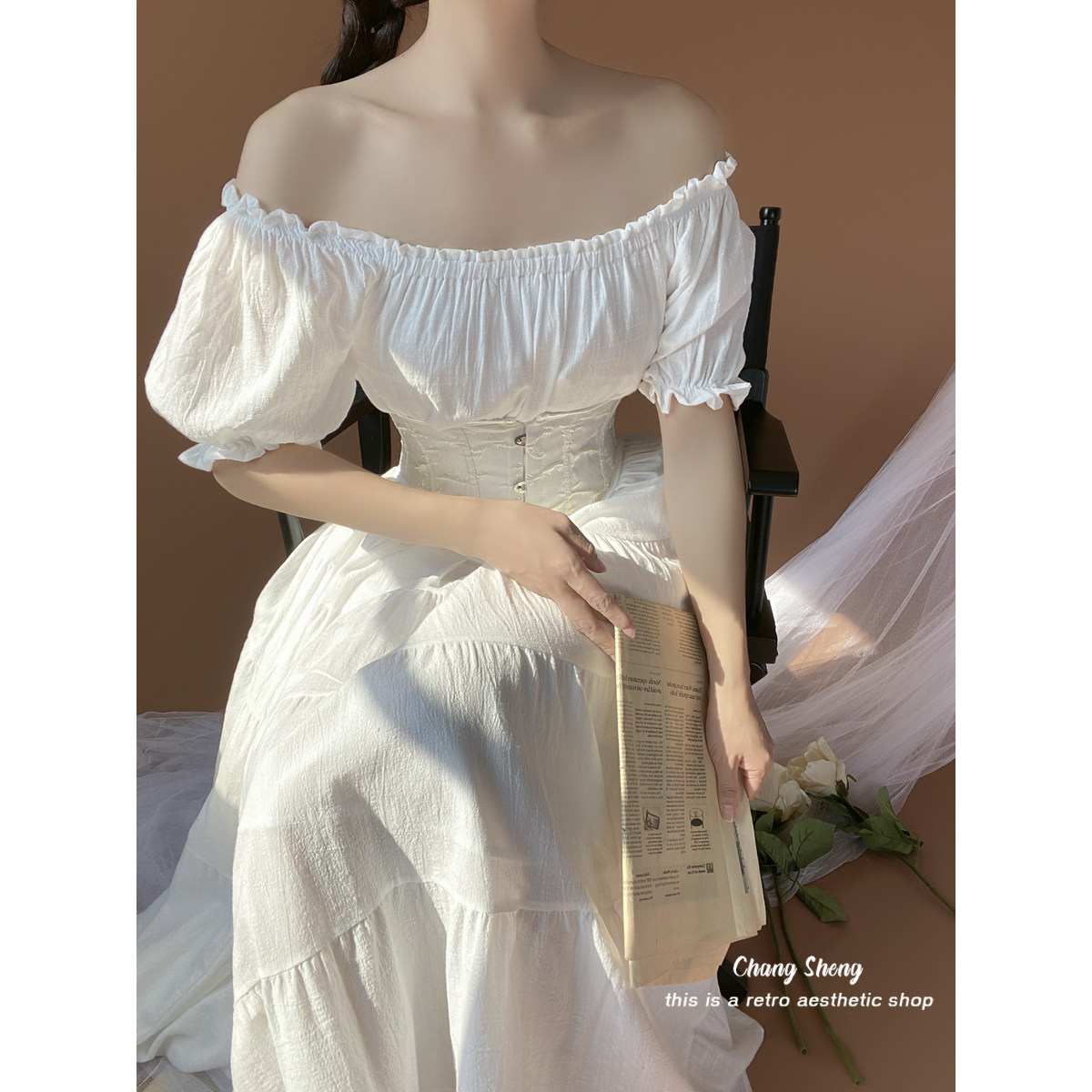 changsheng 白雪公主 法式复古泡泡袖白色唯美束腰古典公主长裙子