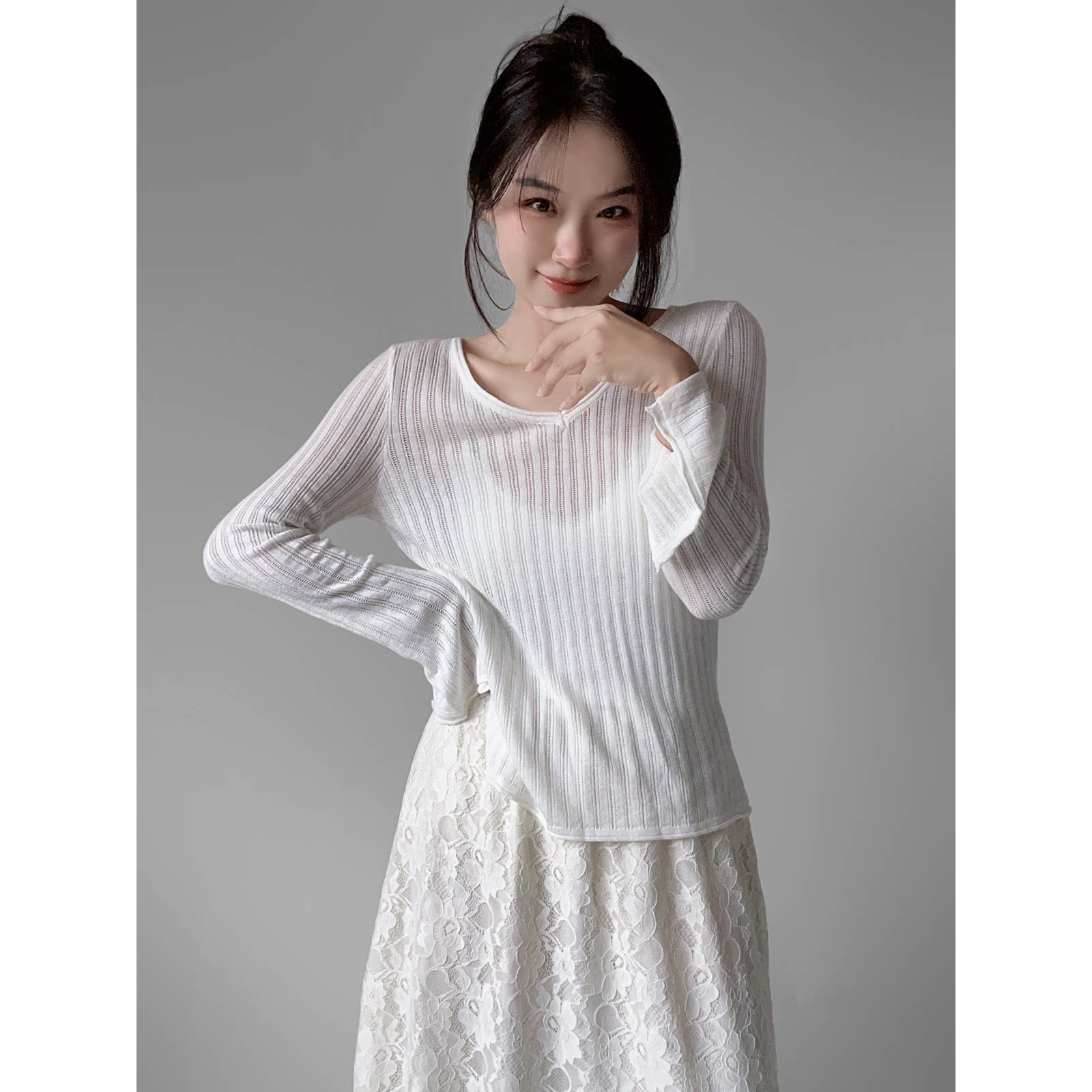 CHANGSHENG 上衣女竖条纹绵羊毛V领套头针织衫秋冬给内搭打底衫