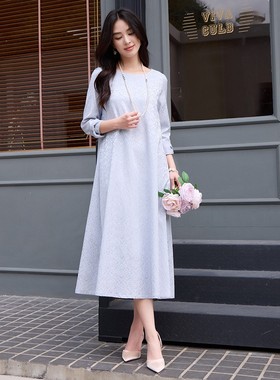 2025新款秋季圆领宽松连衣裙子日常宴会中长款礼服长裙女士88686