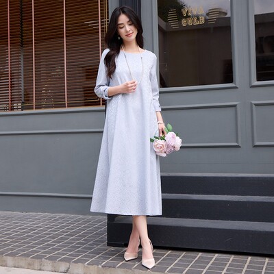 2025新款秋季圆领宽松连衣裙子日常宴会中长款礼服长裙女士88686