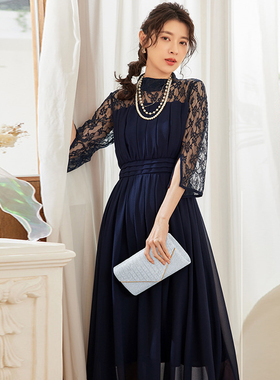 气质蕾丝拼接雪纺长款连衣裙女士长裙子晚宴日常可穿小礼服88588