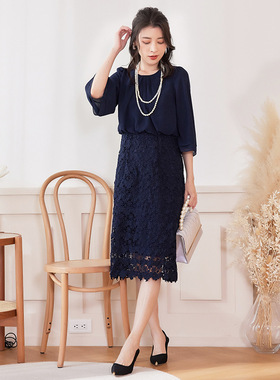 韩版通勤淑女裙新款蕾丝拼接显瘦圆领连衣裙子平时可穿礼服88538