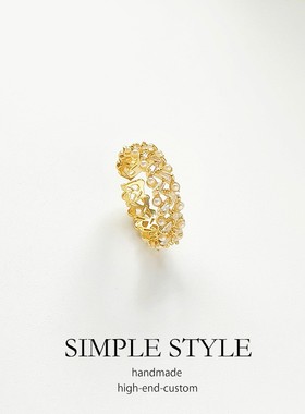 时尚珍珠戒指女时尚气质百搭食指戒指简约金色开口可调节指环E019