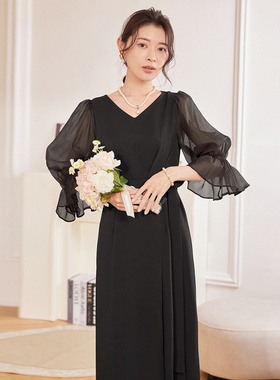 夏季黑色连衣裙女法式显瘦中长裙子春秋日常可穿小礼服长款88613