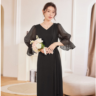 夏季黑色连衣裙女法式显瘦中长裙子春秋日常可穿小礼服长款88613