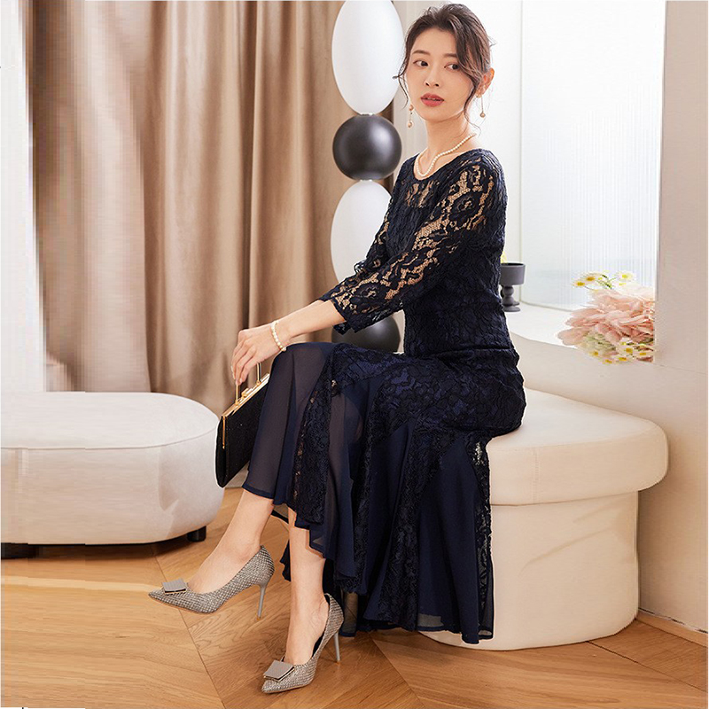 气质蕾丝连衣裙圆领长款鱼尾长裙拼接雪纺小礼服平时可穿女88616