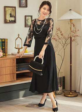 气质显瘦假两件连衣裙新款夏季蕾丝拼接鱼尾裙长裙子小礼服88606