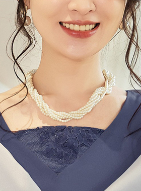 多层珍珠颈链编织项链毛衣链短款叠戴感锁骨链饰品choker女士L005
