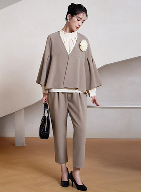 两件套装长裤子新款春秋季喇叭袖西装外套女哈伦裤西服套装88623