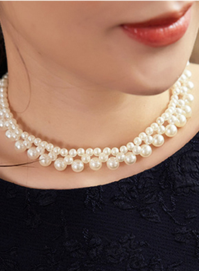 多层仿珍珠项链女士叠戴颈链配饰品优雅双层毛衣链项圈锁骨链050