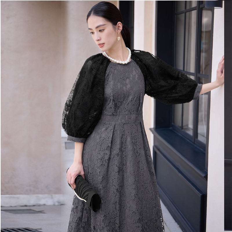 新款圆领舒适蕾丝连衣裙大码女装显瘦七分袖中长裙子小礼服88622