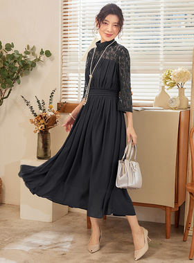 女裙蕾丝连衣裙女士修身松紧腰雪纺长裙子春秋天小礼服长款88588