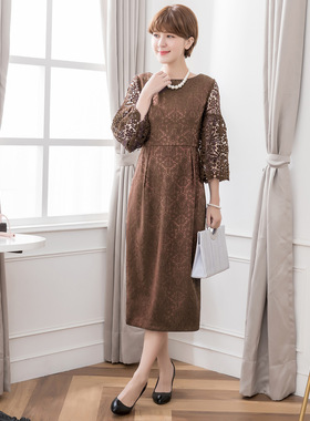 新款气质拼接蕾丝连衣裙子女士夏天显瘦中长裙春秋季小礼服88218