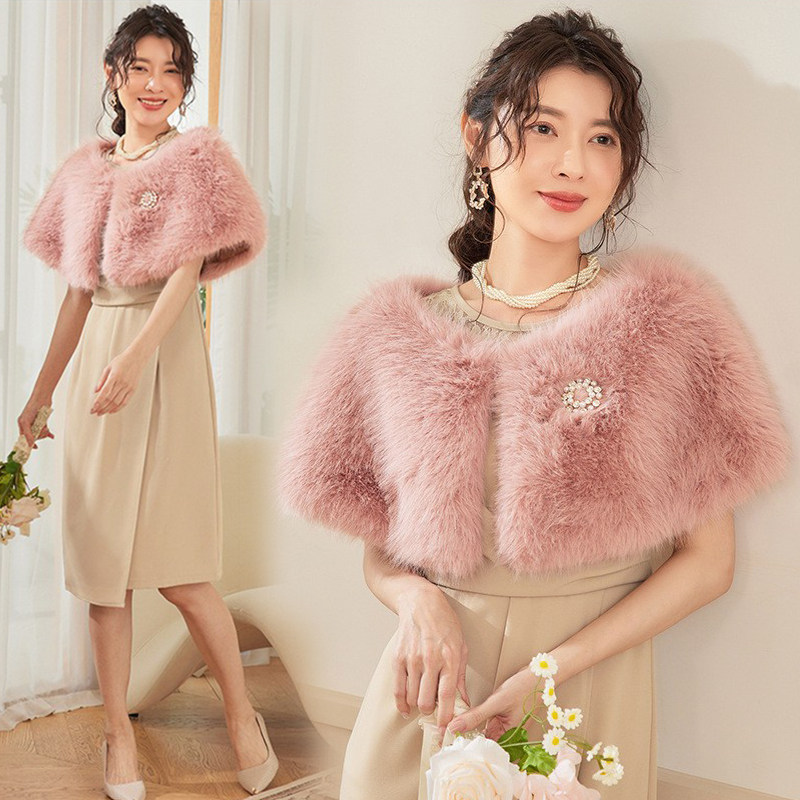 粉色保暖披肩结婚新娘敬酒服外搭