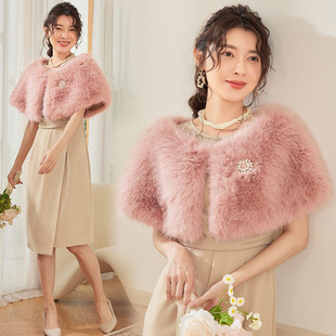 晚宴会仿皮草毛披肩女士敬酒服斗蓬新娘婚纱礼服围巾外披风88176