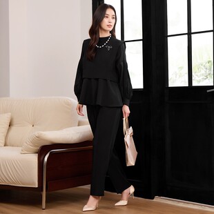 优雅修身型立领衬衫长袖女士上衣搭配裤子两件套装长裤女装88663