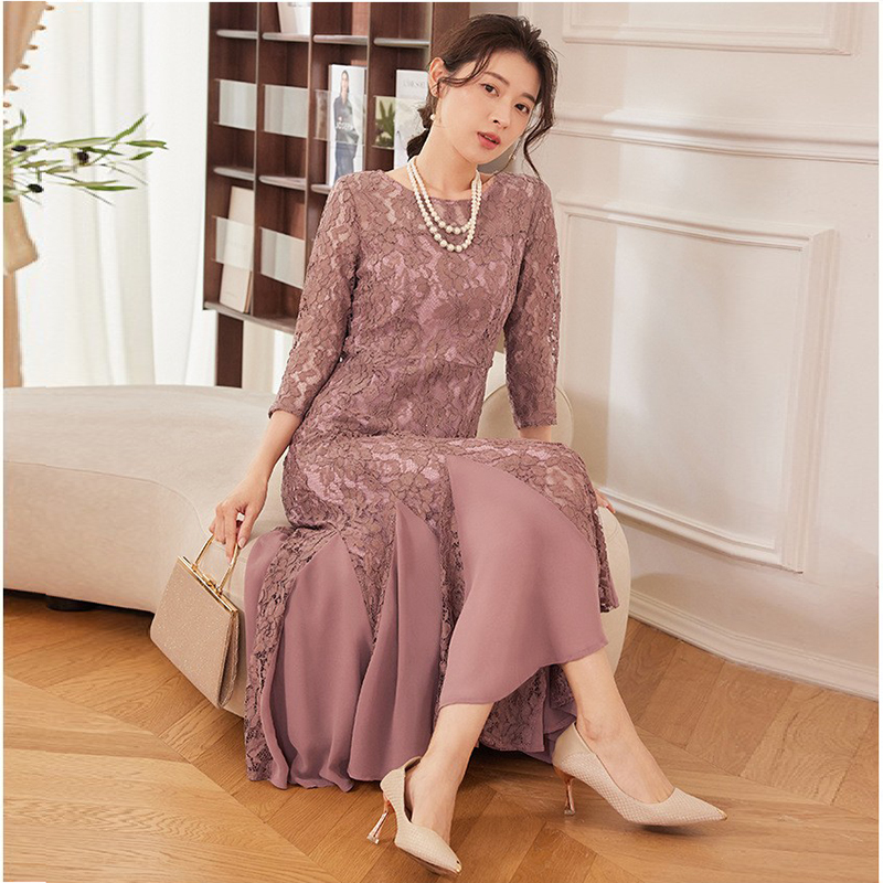 新款夏季雪纺长裙子女蕾丝长款鱼尾摆拼接连衣裙春秋小礼服88616