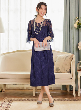 夏季高腰连衣裙女士喇叭袖中长裙子春秋新款日韩蕾丝小礼服88531