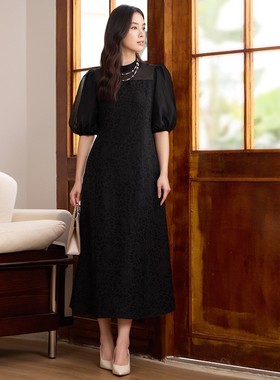 气质拼接连衣裙女士新款名媛立领长裙子夏季裙子长款A字裙子88696