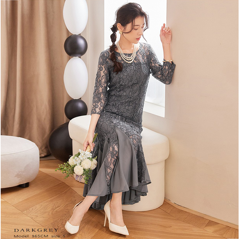 新款雪纺长裙子女士蕾丝圆领长款鱼尾拼接连衣裙长款小礼服88616